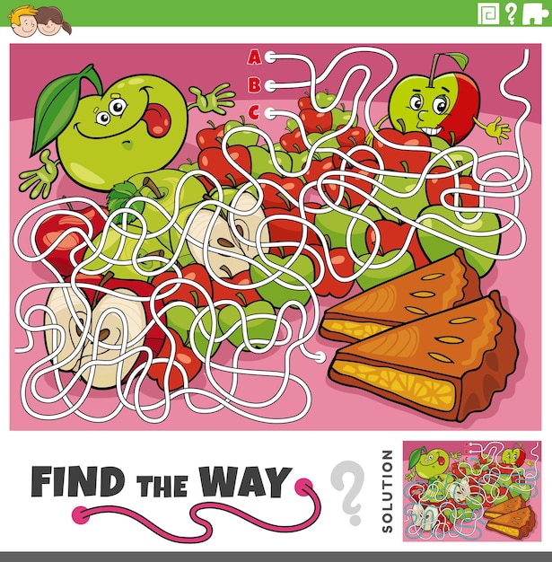 Find the way maze game with cartoon apple and apple pie