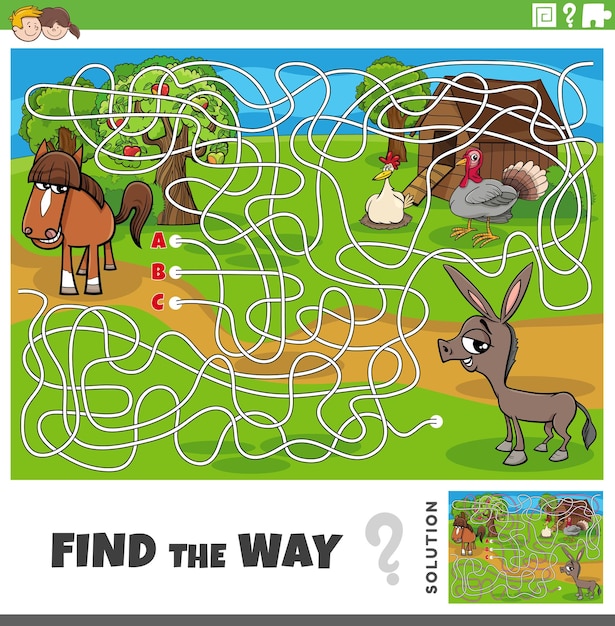 Find the way maze game with cartoon farm animals