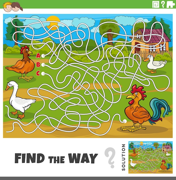 Find the way maze game with cartoon farm birds