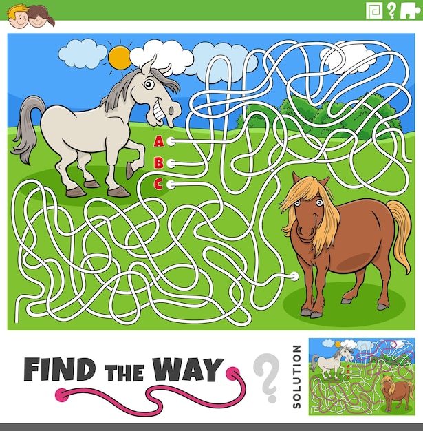 Find the way maze game with cartoon horses farm animals