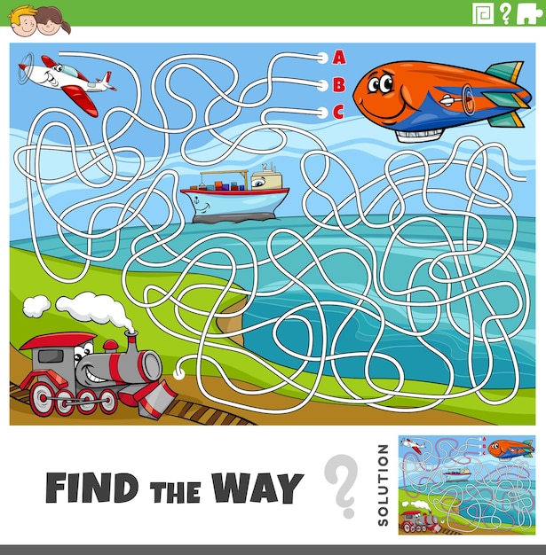 Find the way maze game with cartoon vehicle characters