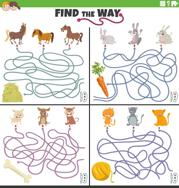 Find the way maze games set with animal characters