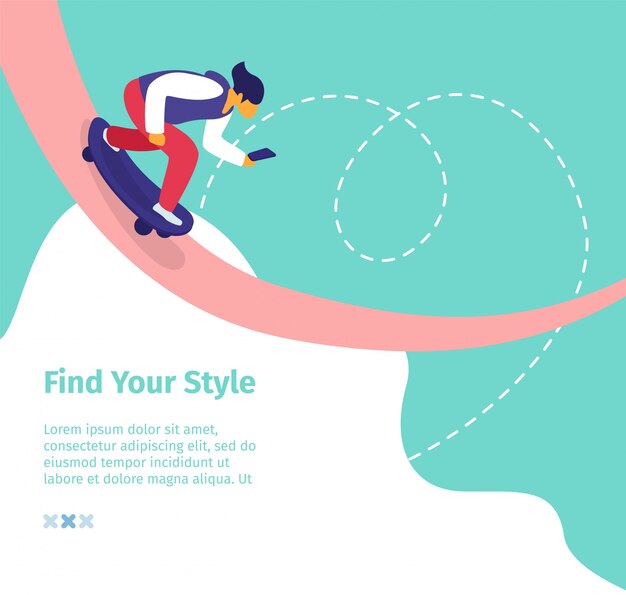 Find your style square banner. young man blogger ride skateboard with smartphone creating content