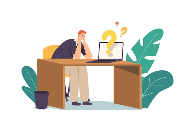 Vector finding answer, creative idea research concept. business man character sit at desk with laptop and question marks searching insights for project development. cartoon people vector illustration