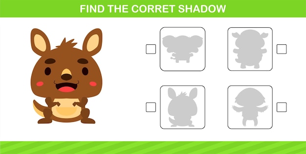 Finding the correct shadow of cute animal education page game for kindergarten and preschool