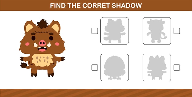 Finding the correct shadow of cute animal education page game for kindergarten and preschool