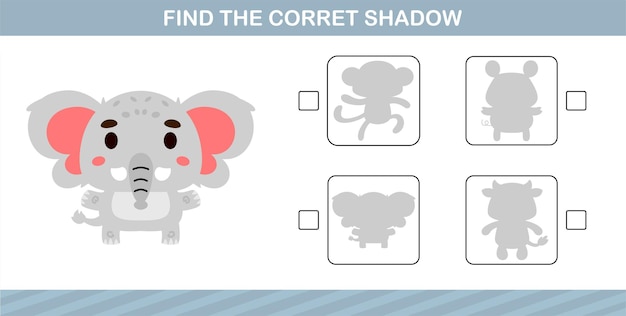 Finding the correct shadow of cute animal education page game for kindergarten and preschool