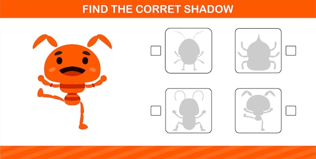 Finding the correct shadow of cute insect education page game for kindergarten and preschool