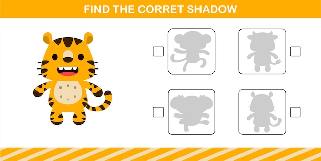 Finding the correct shadow of cute tiger,education game for kids age 5 and 10 year old