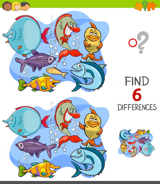 재미있는 물고기 캐릭터와 차이 게임 찾기