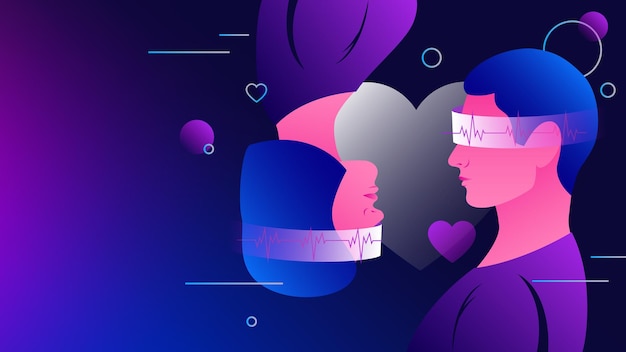 Trovare l'amore nella giovane coppia del metaverso nell'illustrazione della relazione romantica di realtà virtuale