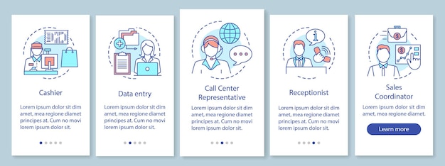 finding part time jobs onboarding mobile app page screen with linear concepts. receptionist, sales coordinator walkthrough steps graphic instructions. ux, ui, gui vector template with illustrations