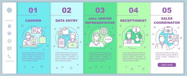 Trovare lavori part-time onboarding modello vettoriale di pagine web mobili. cassiere. idea reattiva dell'interfaccia del sito web per smartphone con illustrazioni lineari. schermate dei passaggi della procedura dettagliata della pagina web. concetto di colore