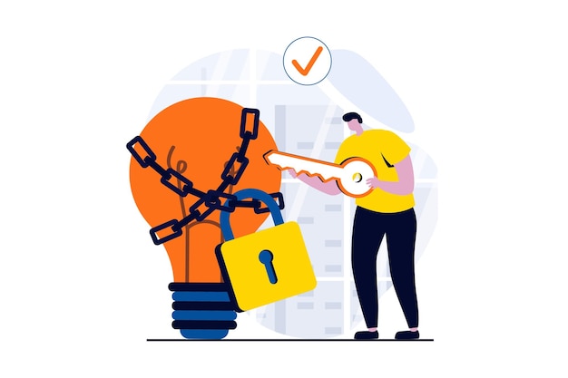 Vector finding solution concept with people scene in flat cartoon design man thinks and chooses keys for padlock on chain at light bulb and generates new ideas vector illustration visual story for web