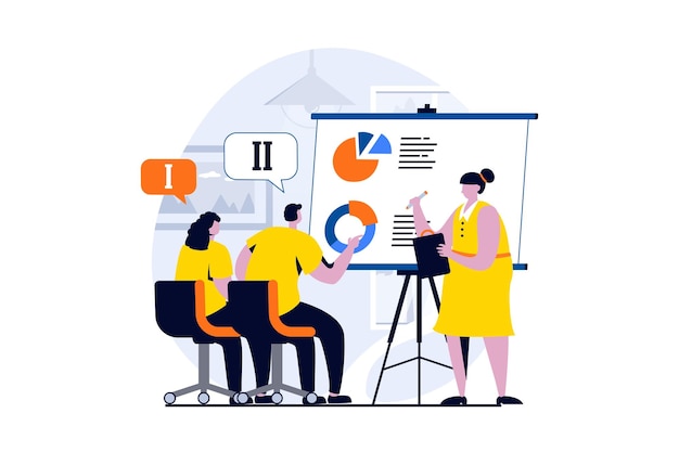 Finding solution concept with people scene in flat cartoon design woman shows presentation with data and discusses charts with colleagues at business meeting vector illustration visual story for web