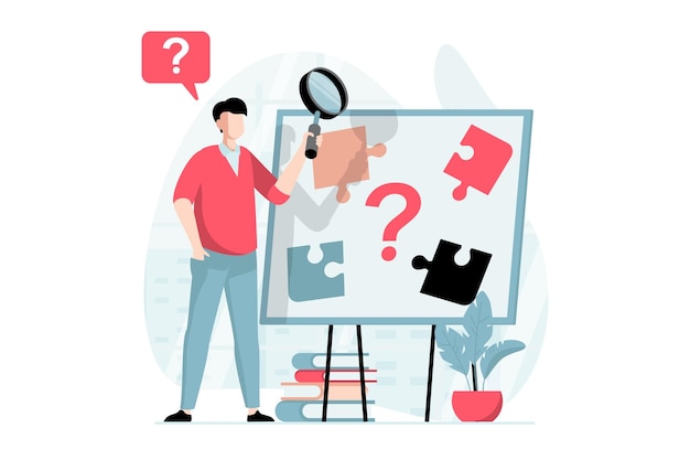 Finding solution concept with people scene in flat design man with magnifier examines problem assembles puzzle solves jigsaw and finds answers vector illustration with character situation for web