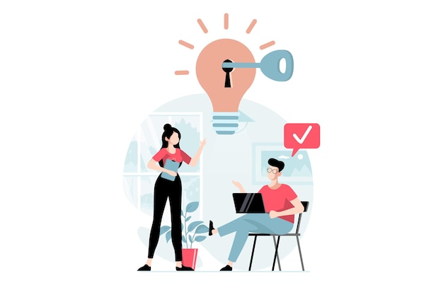 Finding solution concept with people scene in flat design Woman and man discuss brainstorm and generate new ideas with project innovations Vector illustration with character situation for web