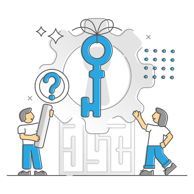 Finding solution in difficult business situation monocolor outline concept. Problem solved with successful and innovative idea for company strategy vector illustration. Right key as correct answer.