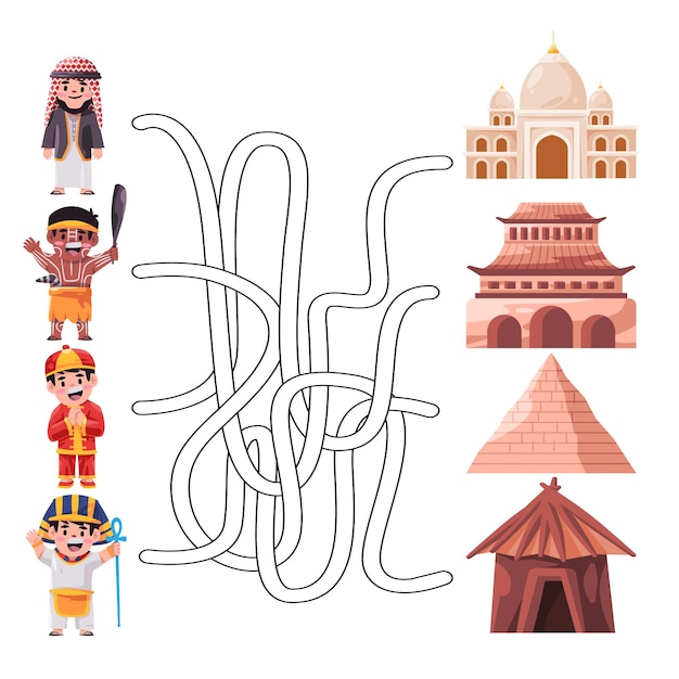 finding way maze illustration of character from many country and its home landmark