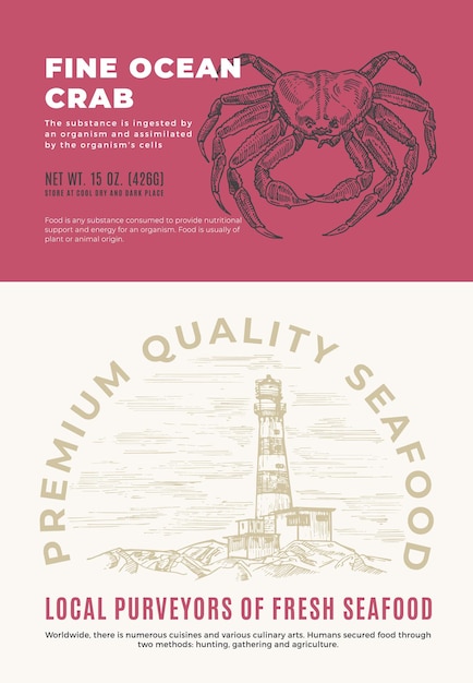 Fine ocean seafood abstract vector packaging design or label modern typography and hand drawn crab s...