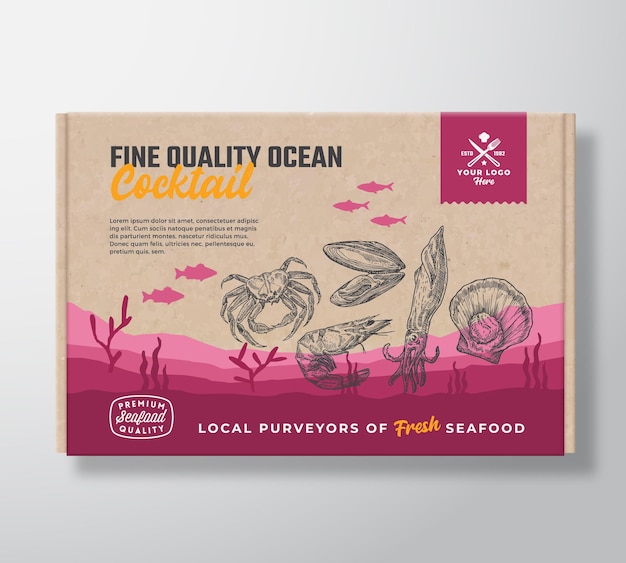 Scatola di cartone per cocktail oceanici di alta qualità. progettazione astratta dell'etichetta di imballaggio per alimenti di vettore. tipografia moderna e sagome di frutti di mare disegnate a mano. disposizione del fondo del paesaggio del fondo del mare con l'insegna.