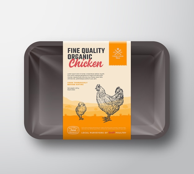 Vector fine quality organic poultry. meat plastic tray container mockup