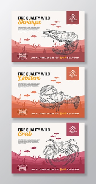 Vector fine quality organic seafood abstract vector food packaging labels set modern typography and hand dr...