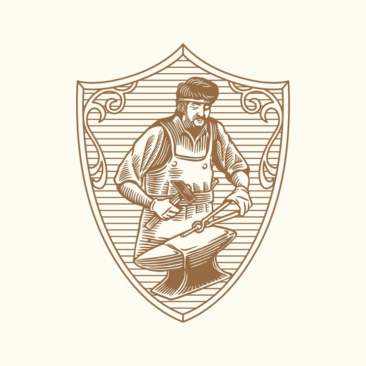 Vector a finely crafted vintagestyle blacksmith emblem logo featuring a blacksmith working on an anvil