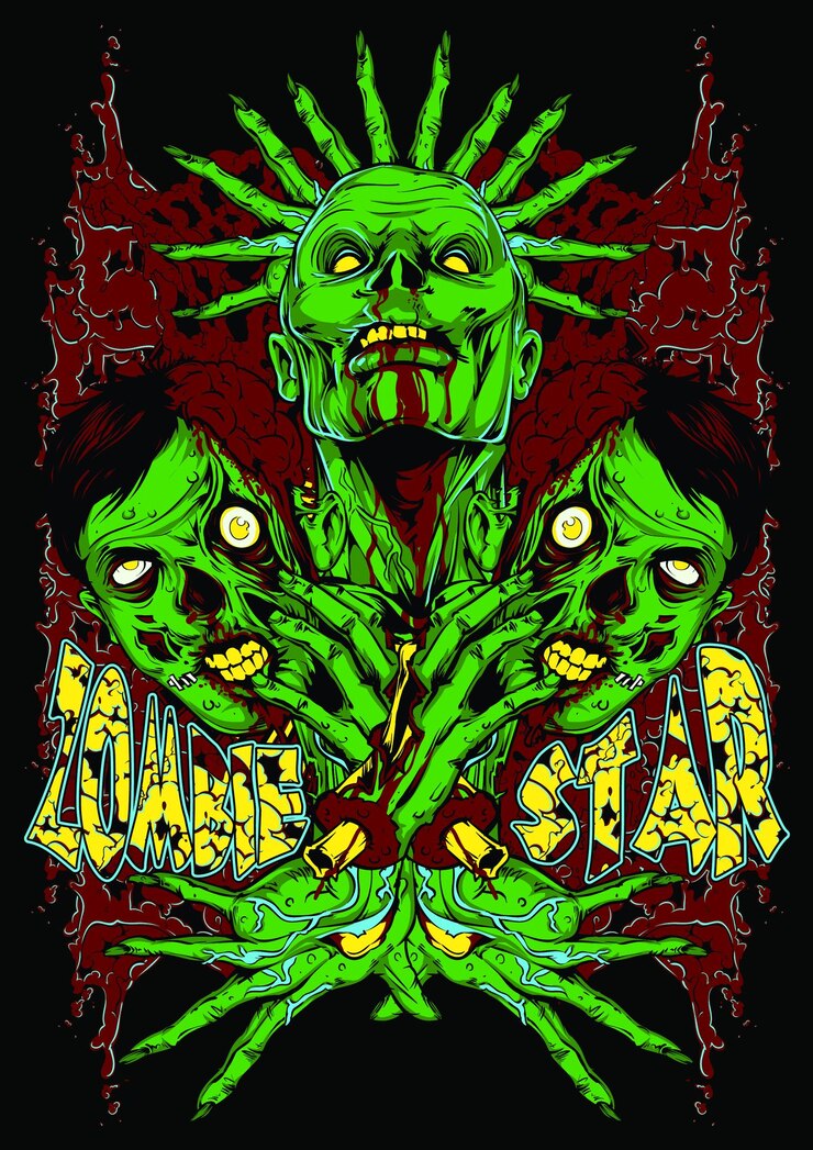 Vector finger crowned zombie on dripping blood background