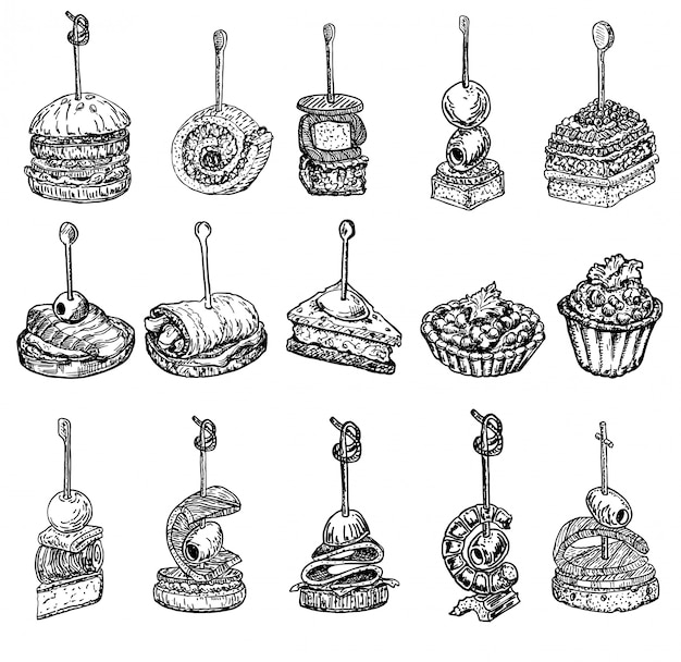 Schizzo di finger food. illustrazione di disegni di tapas. set di schizzi di tapas e tartine. schizzo di antipasti e snack. tartine, bruschette, sandwich per buffet, ristorante, servizio di catering.