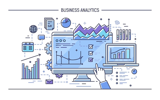 Dito puntato al display del computer con diversi diagrammi, tabelle e grafici