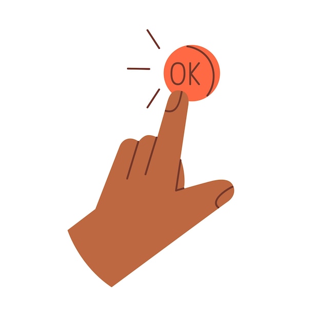 Finger pressing OK button icon. Human hand tapping, clicking Okay, accepting smth. Yes, acceptance, confirmation, approval concept. Flat vector illustration isolated on white background.