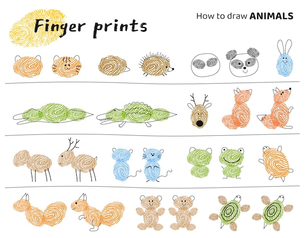 指紋アート。さまざまな動物の作り方を子供たちに教える教育課題。ベクトル イラスト。