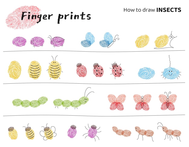 Finger prints art. Education tasks for kids how to make different insects. Vector illustration.