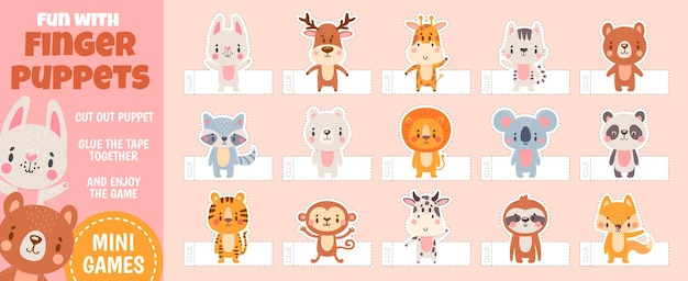 Finger puppets forest animals for paper cut kids activities. home theater with handmade cartoon toys. children craft education vector page