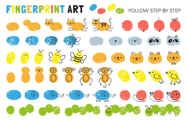指紋アートの手順。動物を描くことを学ぶ子供のためのワークシート。指紋の幼稚園活動でペイントします。子ベクトルページのゲーム。猫とリンゴ、魚と蜂、パンダ、猿を描く