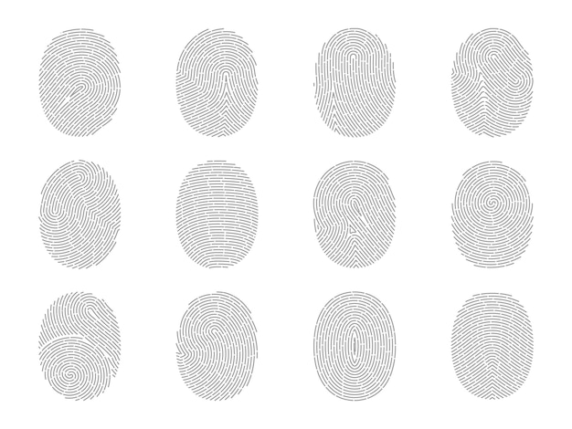 Vettore marche digitali impronte digitali impostate per lo scanner biometrico autenticazione della personalità delle persone icone di tocco dei pollici individuali identificazione unica segni di contorno rotondo vettoriale