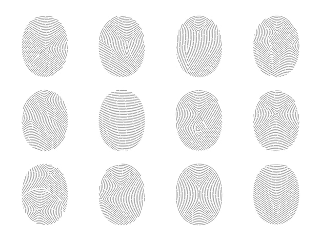 Вектор Отпечатки пальцев отпечатки пальцев, установленные для биометрического сканера аутентификация личности людей индивидуальные пальцы, касающиеся иконы уникальная идентификация векторные круглые очертательные знаки