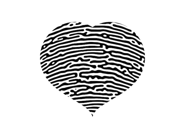 Sagoma del cuore dell'impronta digitale stampa del dito umano a forma di cuore nero isolata su sfondo bianco illustrazione vettoriale Vettore Premium