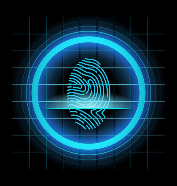 Вектор Идентификация отпечатков пальцев сканирование безопасности отпечатков пальцев или концепция системы идентификации футуристические технологии дизайн биометрических данных система безопасности на основе векторной иллюстрации линий большого пальца