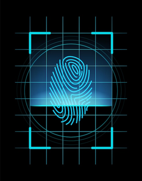 Вектор Идентификация отпечатков пальцев сканирование безопасности отпечатков пальцев или концепция системы идентификации футуристические технологии дизайн биометрических данных система безопасности на основе векторной иллюстрации линий большого пальца