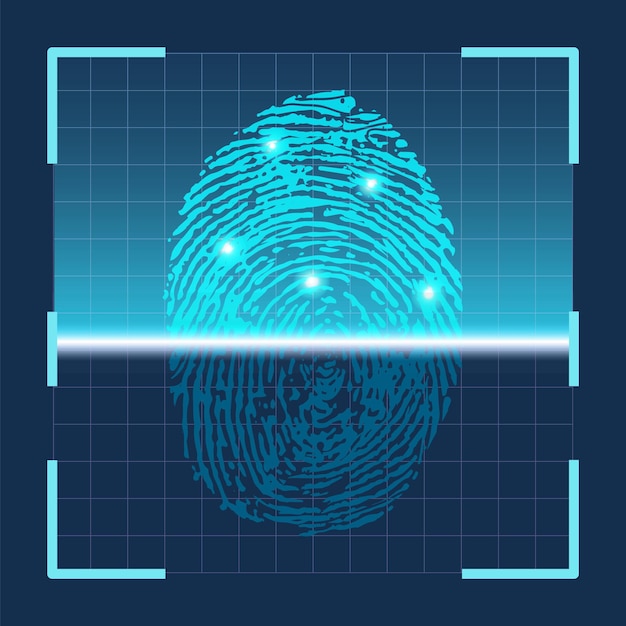 Scansione delle impronte digitali. tecnologia futuristica di identificazione biometrica di scansione del dito. sensore del sistema di sicurezza dell'identificazione. concetto di vettore dello scanner del pollice. protezione digitale, chiave individuale o accesso