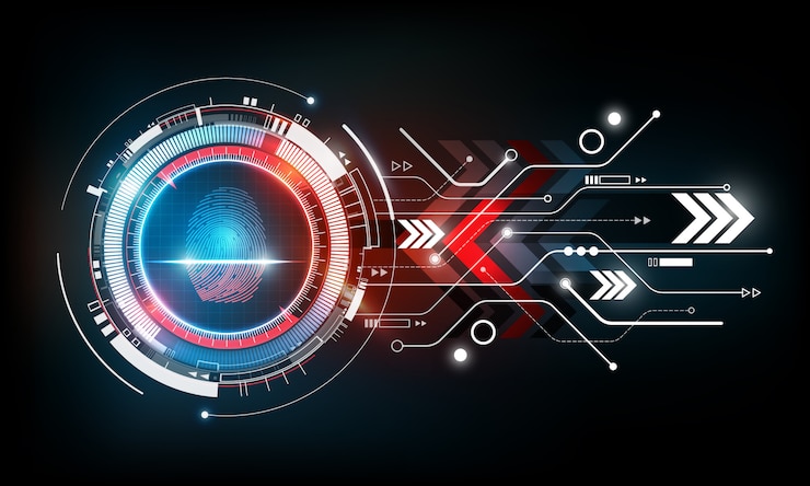 Vector fingerprint scan with abstract futuristic technology background, security system concept, illustration