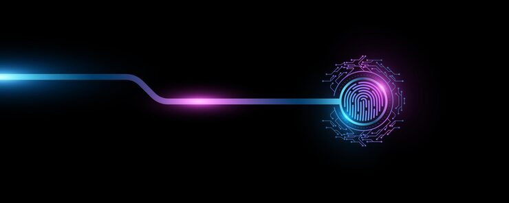 Vector fingerprint scan with digital hud circle glowing computer circuit board biometric data security futuristic touch screen button for ui and gui design vector illustration