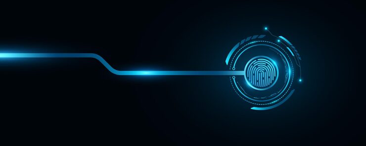 Vector fingerprint scan with digital hud circle glowing computer circuit board biometric data security futuristic touch screen button for user interface design vector illustration