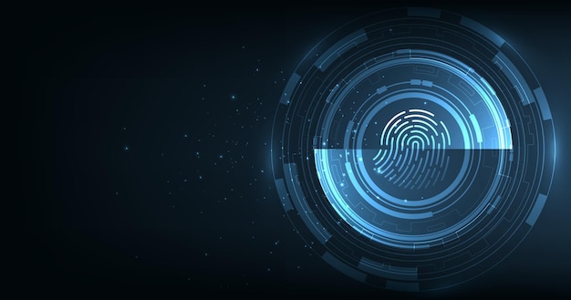 Fingerprint scanning on dark blue technology background