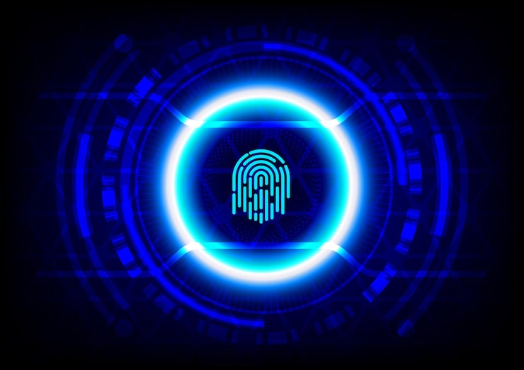 Вектор безопасность отпечатков пальцев абстрактный технологический фон концепция доступа к конфиденциальности сканирование интерфейса для идентификации шифрования пароля футуристический образец биометрический цифровой контроль аутентификация
