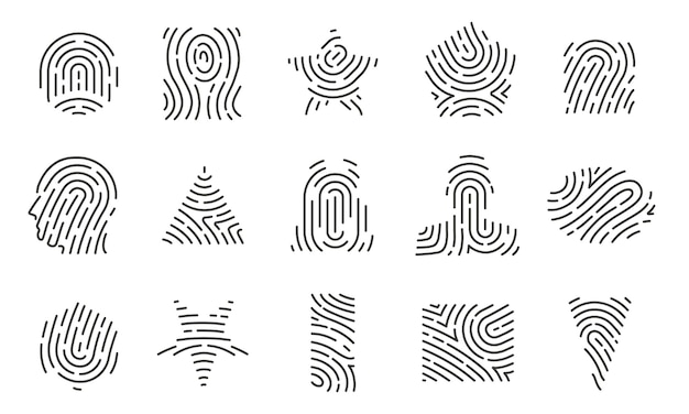 Forme di impronte digitali icone minimaliste circolari delle impronte digitali del volto e scansione dell'iride, carta d'identità e protezione di sicurezza insieme vettoriale isolato di illustrazione biometrica del modello di sicurezza