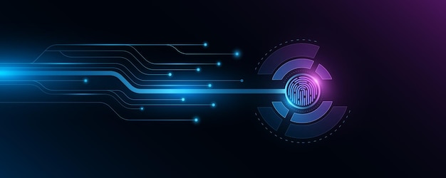 Fingerprint with glowing computer circuit board biometric data security dashboard sensor display