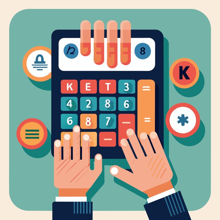 Vector fingers on calculator with colorful wooden alphabet kpi as kpi goals or target concept